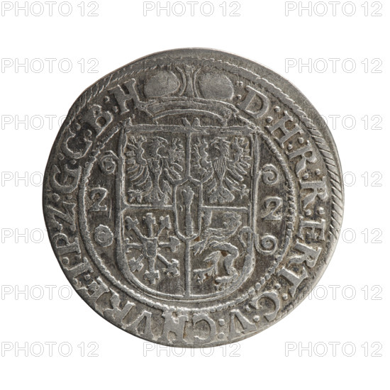 Obv. Bust facing right in a mitre, wide ruff and armor girded with a sash. A sceptre in his right hand, the left resting on a sword hilt. The figure's head divides the inner border. On the rim between the borders is an inscription ending with a heart GEORG:WILHELM:V:G:G:M:Z:BRAN. Rev. Below the ducal mitre, a five-field coat of arms with ornaments. On the sides of the shield are the date numerals 2-2. In the rim between the borders an inscription divided by a mitre :D:H:R:R:ERT:C:V:CHVRF:I:P:Z:G:C:B:H. 1622. George William, Elector of Brandenburg (Duke of Prussia, 1620–1640). Ducal Prussia (1525–1701), Königsberg. Coin: diameter 29.7 mm, weight 6.53 g, axis 0°.