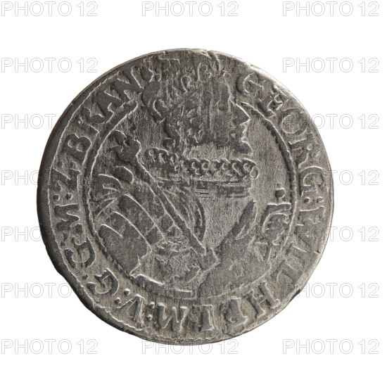 Obv. Bust facing right in a mitre, wide ruff and armor girded with a sash. A sceptre in his right hand, the left resting on a sword hilt. The figure's head divides the inner border. On the rim between the borders is an inscription ending with a heart GEORG:WILHELM:V:G:G:M:Z:BRAN. Rev. Below the ducal mitre, a five-field coat of arms with ornaments. On the sides of the shield are the date numerals 2-2. In the rim between the borders an inscription divided by a mitre :D:H:R:R:ERT:C:V:CHVRF:I:P:Z:G:C:B:H. 1622. Ducal Prussia (1525–1701), Königsberg. Coin: diameter 29.5 mm, weight 6.00 g, axis 0°.