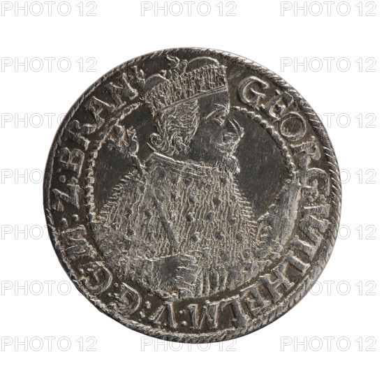 Obv. Bust facing right in a mitre, wide ruff and armor girded with a sash. A sceptre in his right hand, the left resting on a sword hilt. The figure's head divides the inner border. On the rim between the borders is an inscription ending with a heart GEORG:WILHELM:V:G:G:M:Z:BRAN. Rev. Below the ducal mitre, a five-field coat of arms with ornaments. On the sides of the shield are the numerals of the dates 2-3. In the rim between the borders an inscription divided by a mitre D:H:R:R:ERT:C:V:CHVRF:I:P:Z:G:C:B:H. 1623. George William of Hohenzollern (Elector of Brandenburg; Duke of Prussia; 1620–1640). Ducal Prussia (1525–1701), Königsberg. Coin; diameter 30.0 mm; weight 6.00 g; axis 0°.