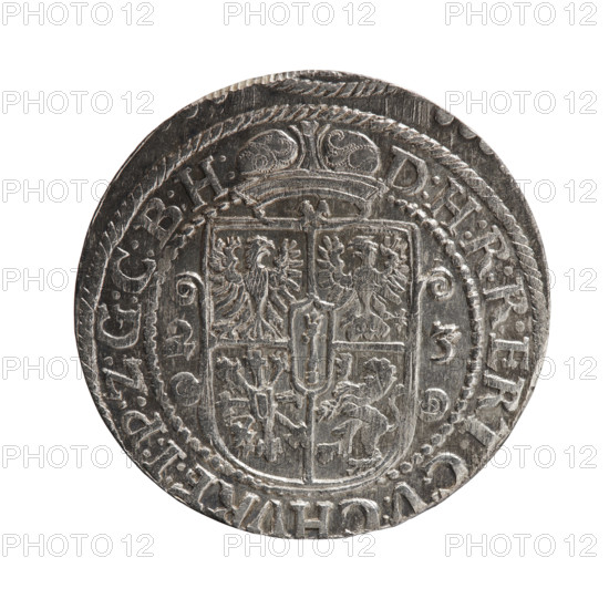 Obv. Bust facing right in a mitre, wide ruff and armor girded with a sash. A sceptre in his right hand, the left resting on a sword hilt. The figure's head divides the inner border. On the rim between the borders is an inscription ending with a heart GEORG:WILHELM:V:G:G:M:Z:BRAN. Rev. Below the ducal mitre, a five-field coat of arms with ornaments. On the sides of the shield are the numerals of the dates 2-3. In the rim between the borders an inscription divided by a mitre D:H:R:R:ERT:C:V:CHVRF:I:P:Z:G:C:B:H. 1623. Ducal Prussia (1525–1701), Königsberg. Coin; diameter 30.0 mm; weight 6.00 g; axis 0°.