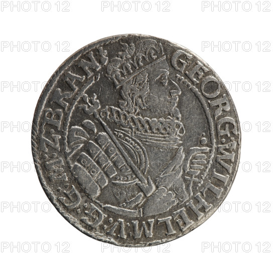 Obv. Bust facing right in a mitre, wide ruff and armor girded with a sash. A sceptre in his right hand, the left resting on a sword hilt. The figure's head divides the inner border. On the rim between the borders is an inscription ending with a heart GEORG:WILHELM:V:G:G:M:Z:BRAN. Rev. Below the ducal mitre, a five-field coat of arms with ornaments. On the sides of the shield are the date numerals 2-2. In the rim between the borders an inscription divided by a mitre :D:H:R:R:ERT:C:V:CHVRF:I:P:Z:, 1622. George William Hohenzollern (Elector of Brandenburg; Duke of Prussia; 1620–1640). Ducal Prussia (1525–1701), Königsberg. Coin: diameter 29.7 mm, weight 7.06 g, axis 0°. Materials: coin metal.