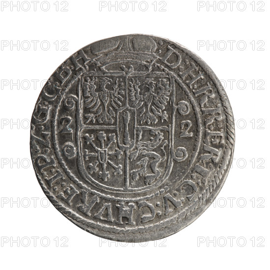 Obv. Bust facing right in a mitre, wide ruff and armor girded with a sash. A sceptre in his right hand, the left resting on a sword hilt. The figure's head divides the inner border. On the rim between the borders is an inscription ending with a heart GEORG:WILHELM:V:G:G:M:Z:BRAN. Rev. Below the ducal mitre, a five-field coat of arms with ornaments. On the sides of the shield are the date numerals 2-2. In the rim between the borders an inscription divided by a mitre :D:H:R:R:ERT:C:V:CHVRF:I:P:Z:. 1622. George William Hohenzollern (Elector of Brandenburg; Duke of Prussia; 1620–1640). Ducal Prussia (1525–1701), Königsberg. Coin; diameter 29.7 mm; weight 7.06 g; axis 0°.