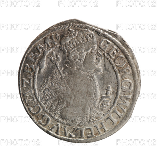 Obv. Bust facing right in mitre and electoral mantle. In the right hand a sceptre, the left resting on a sword hilt. The figure's head divides the inner border. In the rim between the borders an inscription ending with a heart GEORG:WILHELM:V:G:G:M:Z:BRAN. Rev. Under the ducal mitre a five-field coat of arms with ornaments. On the sides of the shield the date numerals Z-4. In the rim between the borders an inscription divided by a mitre and ending with a heart D:H:R:R:ERT:C:V:CHVRF:I:P:Z:G:C:B:H. 1624. Ducal Prussia (1525–1701), Königsberg. Coin: diameter 34.0 mm, weight 6.78 g, axis 0°.