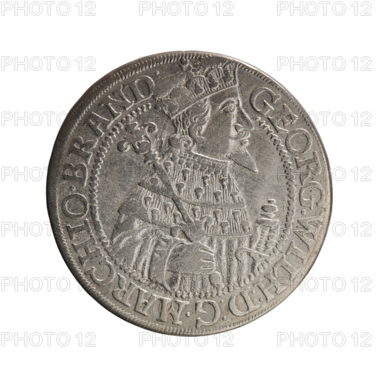 Obv. Bust facing right in mitre and electoral mantle. A sceptre in the right hand, the left resting on a sword hilt. The figure's head divides the inner border. On the rim between the borders is an inscription ending with a heart GE, .WILH:D:G.MARCHI.BRAND Rev. Below the ducal mitre, a five-field coat of arms with ornaments. In the shield: eagle, griffin, lion, eagle. On the sides of the shield, date numerals 2-5. In the rim between the borders, an inscription divided by a mitre SA.ROM.IMP.ARCHIC.ELE.D.PRVS., 1625. George William of Hohenzollern (Elector of Brandenburg; Duke of Prussia; 1620–1640). Ducal Prussia (1525–1701), Königsberg. Coin: diameter 29.5 mm, weight 6.72 g, axis 0 degrees.