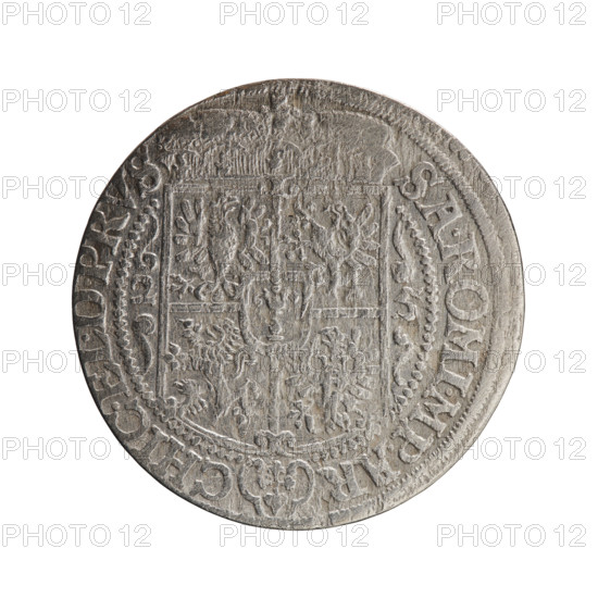 Obv. Bust facing right in mitre and electoral mantle. A sceptre in the right hand, the left resting on a sword hilt. The figure's head divides the inner border. On the rim between the borders is an inscription ending with a heart GE, .WILH:D:G.MARCHI.BRAND Rev. Below the ducal mitre, a five-field coat of arms with ornaments. In the shield: eagle, griffin, lion, eagle. On the sides of the shield, date numerals 2-5. In the rim between the borders, an inscription divided by a mitre SA.ROM.IMP.ARCHIC.ELE.D.PRVS., 1625. George William of Hohenzollern (Elector of Brandenburg; Duke of Prussia; 1620–1640). Ducal Prussia (1525–1701), Königsberg. Coin: diameter 29.5 mm, weight 6.72 g, axis 0 degrees.