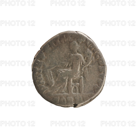 Denarius of Commodus (reigned 177–192). Obverse: Emperor's head to right, with laurel wreath; legend MM ANT P FEL AVG BRIT. Reverse: Fortuna seated facing left, holding a rudder in her right hand and a cornucopia in her left, with a wheel under the seat; legend PM TR P XI IMP P VII COS V; mintmark or control under line OR RE. Roman Empire (27 BC–476 AD), Rome; coin; weight 2.84 g; axis 180°.