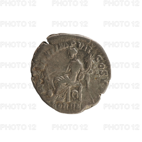 Denarius of Commodus (161–192; Roman emperor 177–192). Obverse: Emperor's head right, laurel-wreathed, inscription OMM ANT P FEL AVG BRIT. Reverse: Fortuna seated left, holding a rudder on a ball in her right hand and a cornucopia in her left, wheel under her seat; below the line FOR RE. Pearl border. Roman Empire (27 BC–476), Rome. Coin; weight 2.55 g.