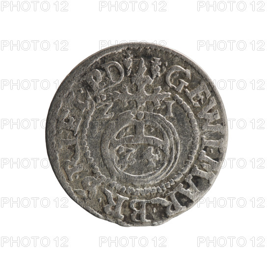 one and a half; Ernest Pfahler; George William Hohenzollern (Elector of Brandenburg; Duke of Prussia; 1620–1640); cross (iconographic); orb of rule (iconographic); coats of arms. Obv.: Royal orb with a cross whose arms terminate in finials; in lower part of orb, value numerals Z4; on sides of cross, date numerals ZI; on rim between borders, an inscription divided by a cross, beginning and ending with a heart: GE.WI.MAR.BR.SRIELPD. Rev.: Under the ducal mitre, a five-field coat of arms, below in the shield the value numeral 3; on the rim between borders, an inscription divided by the mitre and the value numeral DIEV & MON - DRO. 1621; Königsberg; Ducal Prussia (1525–1701); coin. Diameter 19.0 mm; weight 1.11 g; axis 315°.