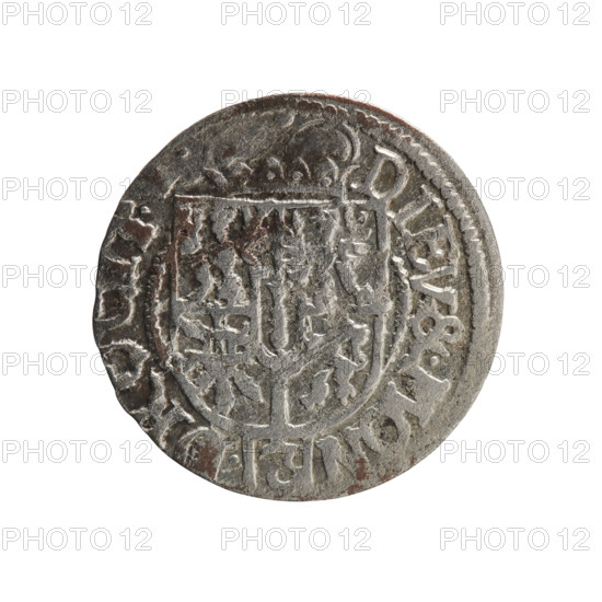 one and a half, George William Hohenzollern (Elector of Brandenburg; Duke of Prussia; 1620-1640), cross (iconographic), orb of rule (iconographic), coats of arms. Obv. Royal orb with a cross with arms terminating in finials. In the lower part of the orb, value numerals Z4. On the sides of the cross, date numerals ZI. On the rim between the borders, an inscription divided by a cross, beginning and ending with a heart: GE.WI.MAR.BR.SRIELPD. Rv. Under the ducal mitre, a five-field coat of arms; below in the shield the value numeral 3. On the rim between the borders, an inscription divided by the mitre and the value numeral: DIEV & MON - DRO. 1621. Königsberg, Ducal Prussia (1525–1701). Coin; diameter 19.0 mm; weight 1.11 g; axis 315°.