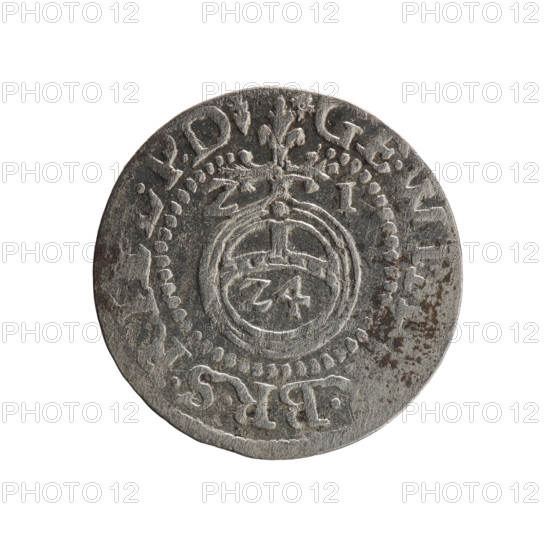 one and a half; George William Hohenzollern (Elector of Brandenburg; Prince of Prussia; 1620–1640); cross (iconographic); orb of rule (iconographic); coats of arms. Obverse: royal orb with a cross with arms terminating in finials. In the lower part of the orb, value numerals Z4. On the sides of the cross, date numerals ZI. On the rim between the borders, an inscription divided by a cross, beginning and ending with a heart GE.WI, .BR.SR, PD Rw. Reverse: under the ducal mitre, a five-field coat of arms; below in the shield the value numeral 3. On the rim between the borders, an inscription divided by the mitre and the value numeral DIEV & MON - DROICT: 1621. Königsberg, Ducal Prussia (1525–1701). Coin; diameter 18.8 mm; weight 1.15 g; axis 270°.