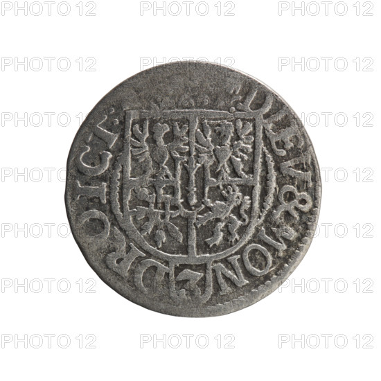 one and a half; Ernest Pfahler; George William Hohenzollern (Elector of Brandenburg; Prince of Prussia; 1620–1640); cross (iconographic); orb of rule (iconographic); coats of arms. Obverse: royal orb with a cross whose arms terminate in finials; in lower part of the orb, value numerals Z4; on the sides of the cross, date numerals ZI; on the rim between the borders, an inscription divided by a cross beginning and ending with a heart GE.WI. BR.SR PD Rw. Reverse: under the ducal mitre, a five-field coat of arms; below in the shield the value numeral 3; on the rim between the borders, an inscription divided by the mitre and the value numeral DIEV & MON - DROICT: 1621. Königsberg, Ducal Prussia (1525–1701). Coin; diameter 18.8 mm; weight 1.15 g; axis 270°.