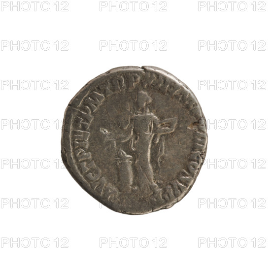 Denarius of Commodus (161–192; Roman emperor 177–192). Obverse: Emperor's head right, with laurel wreath; legend M COMM P FEL AVG BRI. Reverse: Pietas standing left before a burning altar, right hand raised holding a patera with incense, left hand holding a ciborium; legend AVCT PIET PM TR P XII IMP VIII COS V PP. Pearled border. Roman Empire, 186–187 CE. Silver coin, weight 3.32 g.