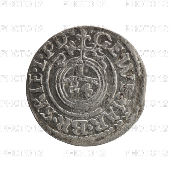 one and a half, Pfahler, Ernest, George William Hohenzollern (Elector of Brandenburg; Duke of Prussia; 1620-1640), cross (iconographic), orb of rule (iconographic), coats of arms. Obv. Royal orb with a cross with arms terminating in finials. In the lower part of the orb, value numerals Z4. On the sides of the cross, date numerals Z-3. In the rim between the borders, an inscription divided by a cross GE.WI.MAR.BR.SRIE.L.PD. Rv. Under the ducal mitre, a five-field coat of arms, below in the shield the value numeral 3. In the rim between the borders, an inscription divided by the mitre and the value numeral and terminated with the hallmark DIEV & MON - DROICT, 1623, Königsberg, Ducal Prussia (1525-1701), coin, diameter 19.8 mm, weight 1.12 g, axis 270 degrees