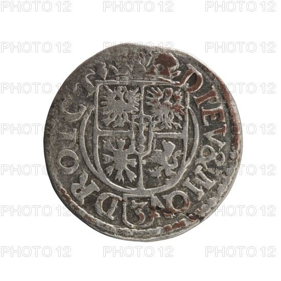 one and a half, Pfahler, Ernest, George William Hohenzollern (Elector of Brandenburg; Duke of Prussia; 1620-1640), cross (iconographic), orb of rule (iconographic), coats of arms. Obv.: Royal orb with a cross with arms terminating in finials. In the lower part of the orb, value numerals Z4. On the sides of the cross, date numerals Z-3. In the rim between the borders, an inscription divided by a cross GE.WI.MAR.BR.SRIE.L.PD. Rev.: Under the ducal mitre, a five-field coat of arms; below in the shield the value numeral 3. In the rim between the borders, an inscription divided by the mitre and the value numeral and terminated with the hallmark DIEV & MON - DROICT, 1623. Königsberg, Ducal Prussia (1525–1701). Coin: diameter 19.8 mm, weight 1.12 g, axis 270°.