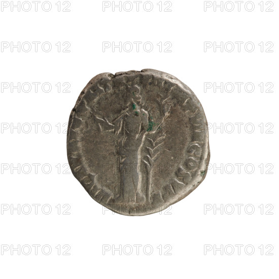 Denarius of Commodus (reigned 177–192). Obverse: laureate, draped bust of the emperor right; legend M COMM ANT P FEL AVG BRIT (second part of the legend very poorly legible). Reverse: Hilaritas standing left, right hand raised holding a branch, left hand holding a long palm; legend HILAR AVG PM TR P XII IMP VIII COS V PP (legend cropped). Roman, 186–187 CE. Silver coin, weight 3.01 g.