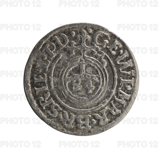 One and a half, Pfahler, Ernest, Department of Coins of Lands Associated with Poland, George William Hohenzollern (Elector of Brandenburg; Duke of Prussia; 1620–1640), cross (iconographic), orb of rule (iconographic), coats of arms. Obverse: Royal orb with a cross with arms terminating in finials; in the lower part of the orb, value numerals Z4; on the sides of the cross, date numerals -3; in the rim between the borders, an inscription divided by a cross .GE.WI.MAR.BR.SRIE.L.PD. Reverse: Under the ducal mitre a five-field coat of arms, below in the shield a value numeral 3; in the rim between the borders an inscription separated by the mitre and the value numeral and ending with the hallmark DIEV, MON – DROICT, 1623. Ducal Prussia (1525–1701), Königsberg. Coin: diameter 19.9 mm, weight 1.07 g, axis 90°.