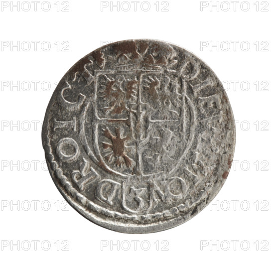one and a half, George William Hohenzollern (Elector of Brandenburg; Duke of Prussia; 1620-1640), cross (iconographic), orb of rule (iconographic), coats of arms. Obv. Royal orb with a cross with arms terminating in finials. In the lower part of the orb, value numerals Z4. On the sides of the cross, date numerals, -3. In the rim between the borders, an inscription divided by a cross .GE.WI.MAR.BR.SRIE.L.PD. Rv. Under the ducal mitre a five-field coat of arms; below in the shield a value numeral 3. In the rim between the borders an inscription separated by the mitre and the value numeral and ending with the hallmark DIEV, MON - DROICT, 1623. Ducal Prussia (1525–1701), Königsberg; coin: diameter 19.9 mm, weight 1.07 g, axis 90°