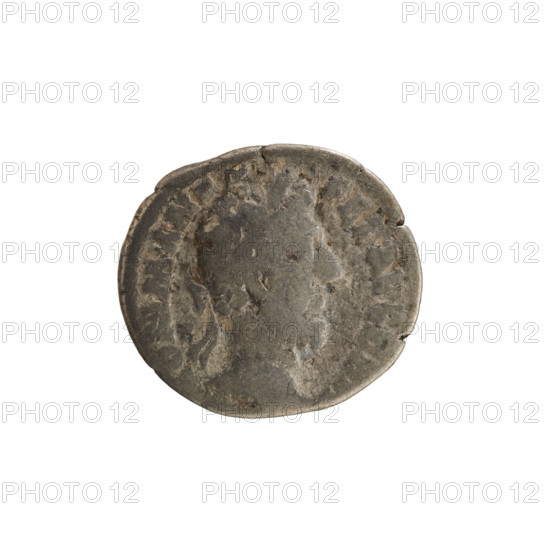 Denarius of Commodus (reign 177–192). Obverse: Laureate bust of the emperor right; legend (very poorly legible) around. Reverse: Hilaritas standing left, right hand raised holding a branch, left hand holding a long palm; legend around. Attributes: Hilaritas (personification), palm branches. Imperial bust iconography; hoard find (numismatic). Date: 186–187. Roman Empire (27 BC–476). Rome. Coin; weight 2.95 g.