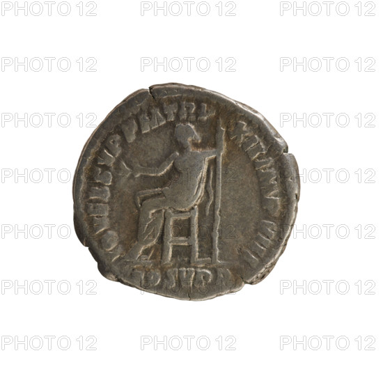 Denarius of Commodus (reigned 177–192). Silver coin; obverse: laureate, draped bust of the emperor right with inscription 'M COMM ANT P FEL AVG BRIT' and pearled border. Reverse: Jupiter seated left, right hand raised holding a branch, left hand holding a scepter, inscription 'IOVI EX SVP PM TR P XII IMP VIII' with COS V PP beneath and pearled border. Date c. 186–187. Weight 3.04 g; axis 180°. Subjects: imperial bust, Jupiter; attributes: scepter, twig.