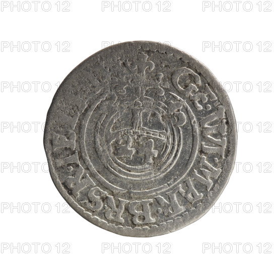 one-and-a-half, Pfahler, Ernest, George William Hohenzollern (Elector of Brandenburg; Duke of Prussia; 1620–1640), cross (iconographic), orb of rule (iconographic), coats of arms. Obv.: Royal orb with a cross with arms terminating in finials; in the lower part of the orb the value numerals Z4; on the sides of the cross the date numerals Z-3; in the rim between the borders an inscription divided by a cross GE.WI.MAR.BR.SR.IE. Rev.: Under the ducal mitre a five-field coat of arms; below in the shield a value numeral 3; in the rim between the borders an inscription divided by the mitre and the value numeral and ending with the hallmark, MON - DROICT, 1623. Ducal Prussia (1525–1701), Königsberg; coin. Diameter 19.6 mm, weight 1.04 g, axis 0°.