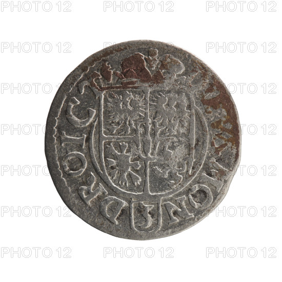 one-and-a-half, George William Hohenzollern (Elector of Brandenburg; Duke of Prussia; 1620–1640), cross (iconographic), orb of rule (iconographic), coats of arms. Obverse: Royal orb with a cross with arms terminating in finials; lower part of the orb shows value numerals Z4; date numerals Z-3 on the sides of the cross; inscription in rim between borders divided by a cross: GE.WI.MAR.BR.SR.IE. Reverse: Under the ducal mitre a five-field coat of arms, below in the shield a value numeral 3; inscription in rim between borders divided by the mitre and the value numeral and ending with the hallmark: MON - DROICT, 1623. Ducal Prussia (1525–1701), Königsberg. Coin: diameter 19.6 mm, weight 1.04 g, axis 0 degrees.