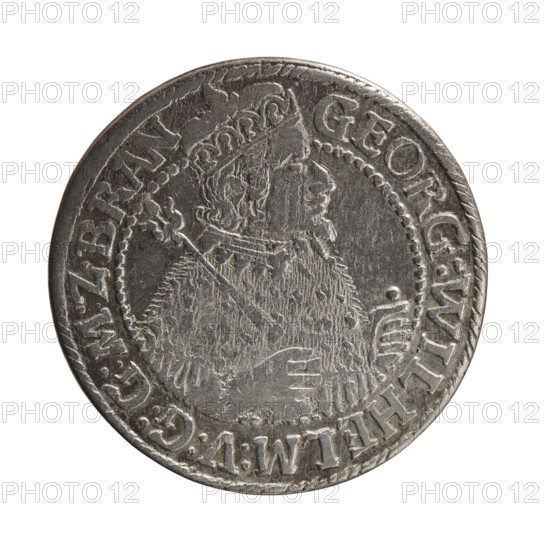 Obv. Bust facing right in mitre and electoral mantle. A sceptre in his right hand, the left resting on a sword hilt. The figure's head divides the inner border. In the rim between the borders is the inscription GEORG:WILHELM:V:G:G:M:Z.BRAN. Rev. Below the ducal mitre is a five-field coat of arms with ornaments. On the sides of the shield are the date numerals ZZ. In the rim between the borders an inscription divided by a mitre D:H:R:R:ERT:C:V:CHVRF:I:P:Z:G:C:B:H. 1622. George William Hohenzollern (Elector of Brandenburg; Duke of Prussia; 1620–1640). Ducal Prussia (1525–1701), Königsberg. Coin; diameter 31.0 mm; weight 6.49 g; axis 0°.