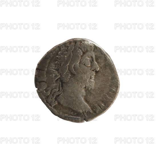 denarius of Commodus (161–192; Roman emperor 177–192). Obverse: Emperor's head right, laurel wreath; legend M COMM. Pearl border. Reverse: Nobilitas standing right, holding a statuette (of Minerva?) in left hand and a scepter in right; legend P XII IMP VIII COS V PP Nobilitas (personification). Imperial busts; numismatic treasure. Roman Empire (27 BC–476), Rome. Coin, weight 2.45 g.