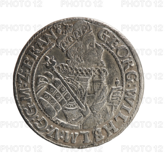 Obv. Bust facing right in a mitre, wide ruff and armor girded with a sash. A sceptre in his right hand, the left resting on a sword hilt. The figure's head divides the inner border. On the rim between the borders is an inscription ending with a heart GEORG:WILHELM:V:G:G:M:Z:BRAN. Rev. Below the ducal mitre, a five-field coat of arms with ornaments. On the sides of the shield are the date numerals 2-2. In the rim between the borders an inscription divided by a mitre :D:H:R:R:ERT:C:V:CHVRF:I:P:Z:G:C:B:H. 1622. George William Hohenzollern (Elector of Brandenburg; Duke of Prussia; 1620–1640). Ducal Prussia (1525–1701), Königsberg. Coin; diameter 30.0 mm; weight 6.25 g; axis 0°.