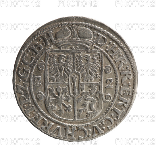 Obv. Bust facing right in a mitre, wide ruff and armor girded with a sash. A sceptre in his right hand, the left resting on a sword hilt. The figure's head divides the inner border. On the rim between the borders is an inscription ending with a heart GEORG:WILHELM:V:G:G:M:Z:BRAN. Rev. Below the ducal mitre, a five-field coat of arms with ornaments. On the sides of the shield are the date numerals 2-2. In the rim between the borders an inscription divided by a mitre :D:H:R:R:ERT:C:V:CHVRF:I:P:Z:G:C:B:H. 1622. Ducal Prussia (1525–1701), Königsberg. Coin; diameter 30.0 mm; weight 6.25 g; axis 0°.