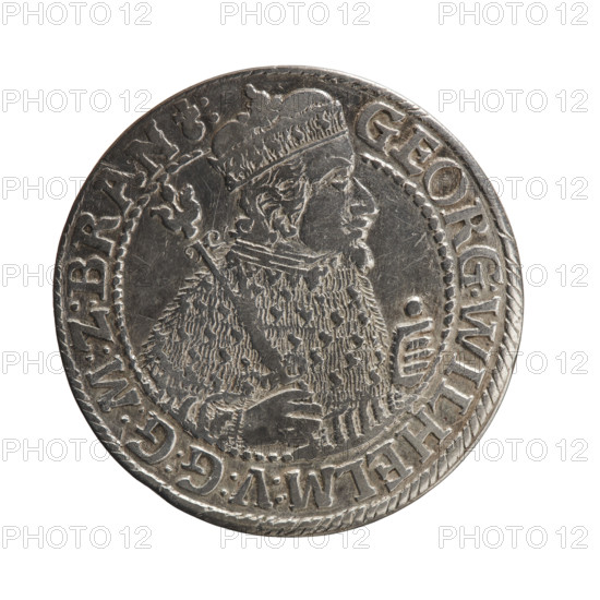 Obv. Bust facing right in mitre and electoral mantle. A sceptre in his right hand, the left resting on a sword hilt. The figure's head divides the inner border. In the rim between the borders is an inscription ending with a heart GEORG:WILHELM:V:G:G:M:Z:BRAN. Rev. Below the ducal mitre, a five-field coat of arms with ornaments. On the sides of the shield are the date numerals ZZ. In the rim between the borders an inscription divided by a mitre :D:H:R:R:ERT.:C:V:CHVRF:I:P:Z:G:C:B:H:. 1622. Ducal Prussia (1525–1701), Königsberg. Coin; diameter 29.6 mm; weight 5.76 g; axis 0°.