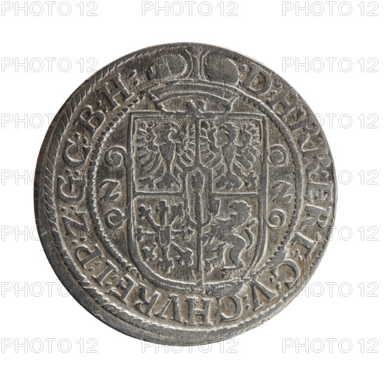 Obv. Bust facing right in mitre and electoral mantle. A sceptre in his right hand, the left resting on a sword hilt. The figure's head divides the inner border. In the rim between the borders is an inscription ending with a heart GEORG:WILHELM:V:G:G:M:Z:BRAN. Rev. Below the ducal mitre, a five-field coat of arms with ornaments. On the sides of the shield are the date numerals ZZ. In the rim between the borders an inscription divided by a mitre :D:H:R:R:ERT.:C:V:CHVRF:I:P:Z:G:C:B:H:. 1622. George William Hohenzollern (Elector of Brandenburg; Duke of Prussia; 1620–1640). Ducal Prussia (1525–1701), Königsberg. Coin; diameter 29.6 mm; weight 5.76 g; axis 0°.