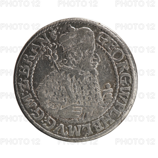 Obv. Bust facing right in mitre and electoral mantle. In the right hand a sceptre, the left resting on a sword hilt. The figure's head divides the inner border. In the rim between the borders is an inscription ending with a heart GEORG:WILHELM:V:G:G:M:Z:BRAN. Rev. Under the ducal mitre, a five-field coat of arms with ornaments. On the sides of the shield are the date numerals ZZ. In the rim between the borders an inscription divided by a mitre :D:H:R:R:ERT:C:V:CHVRF:I:P:Z:G:C:B:H:. 1622. George William Hohenzollern (Elector of Brandenburg; Duke of Prussia; 1620–1640). Ducal Prussia (1525–1701), Königsberg. Coin; diameter 29.7 mm; weight 5.86 g; axis 0°.