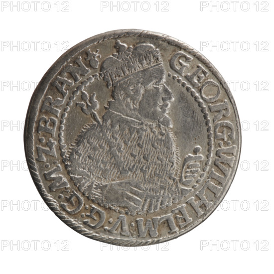 Obv. Bust facing right in mitre and electoral mantle. A sceptre in his right hand, the left resting on a sword hilt. The figure's head divides the inner border. On the rim between the borders is an inscription ending with a heart GEORG:WILHELM:V:G:G:M:Z:BRAN. Rev. Under the ducal mitre, a five-field coat of arms with ornaments. On the sides of the shield are the date numerals 2-2. In the rim between the borders an inscription divided by a mitre :D:H:R:R:ERT:C:V:CHVRF:I:P:Z:G:C:B:H:. 1622. George William Hohenzollern (Elector of Brandenburg; Duke of Prussia; 1620–1640). Königsberg, Ducal Prussia (1525–1701). Coin; diameter 30.0 mm; weight 6.37 g; axis 0°.