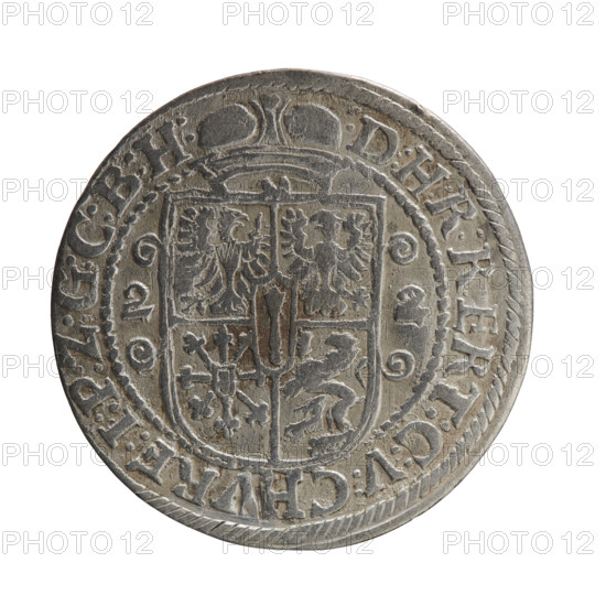 Obv. Bust facing right in mitre and electoral mantle. A sceptre in his right hand, the left resting on a sword hilt. The figure's head divides the inner border. On the rim between the borders is an inscription ending with a heart GEORG:WILHELM:V:G:G:M:Z:BRAN. Rev. Under the ducal mitre, a five-field coat of arms with ornaments. On the sides of the shield are the date numerals 2-2. In the rim between the borders an inscription divided by a mitre :D:H:R:R:ERT:C:V:CHVRF:I:P:Z:G:C:B:H:. 1622. George William Hohenzollern (Elector of Brandenburg; Duke of Prussia; 1620–1640). Königsberg, Ducal Prussia (1525–1701). Coin; diameter 30.0 mm; weight 6.37 g; axis 0°.
