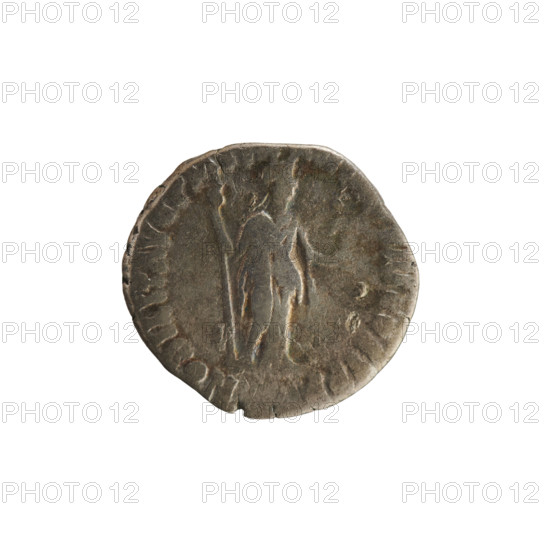 Denarius of Commodus (reign 177–192). Obverse inscription: M COMM AN, FEL AVG BRIT — Emperor's head right, laurel wreath; pearl border. Reverse inscription: NOBILIT AVG P, VIII COS V PP — Nobilitas standing right, holding a statuette (of Minerva?) in her left hand and a scepter in her right; pearl border. Roman, c. 186–187; Rome; silver coin; weight 2.37 g.