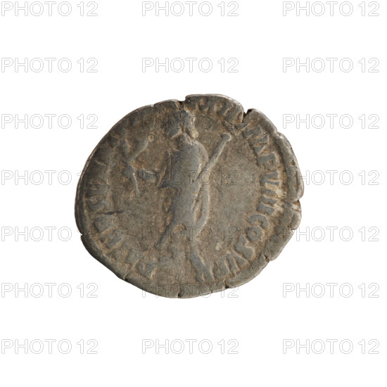 Denarius of Commodus (reigned 177–192). Obverse: Emperor's head right, wearing a laurel wreath; legend M COMM ANT P FEL AVG BRIT. Reverse: Emperor in toga standing left, holding a branch in his right hand and a scepter diagonally in his left; legend PATER SENAT, XII IMP VIII COS V PP. Pearled border. Roman Empire, AD 186–187. Silver coin, weight 2.42 g.