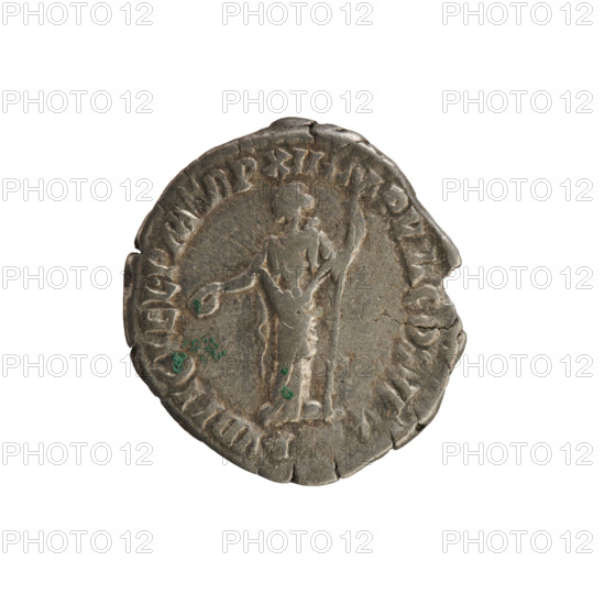 Denarius of Commodus (reigned 177–192 CE). Obverse: Emperor's head right, laurel wreath; legend: COMM ANT P FEL A. Reverse: Felicitas standing left, holding a patera in right hand and a scepter in left; legends: PVBLIC FEL PM, RP XII, MP V, II COS V. Roman, 186–187 CE. Silver coin, weight 3.31 g, axis 180°.