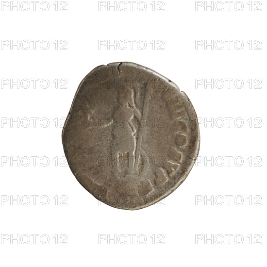 Denarius of Commodus (reign 177–192 CE). Obverse: Emperor's bust right, wearing a laurel wreath; inscription P FEL A, BRIT. Reverse: Virtus standing left, holding Victoria in his right hand and a spear and shield in his left; inscription P VIII COS V PP. Roman Empire, dated 186–187 CE. Silver coin, weight 2.57 g, axis 180°.