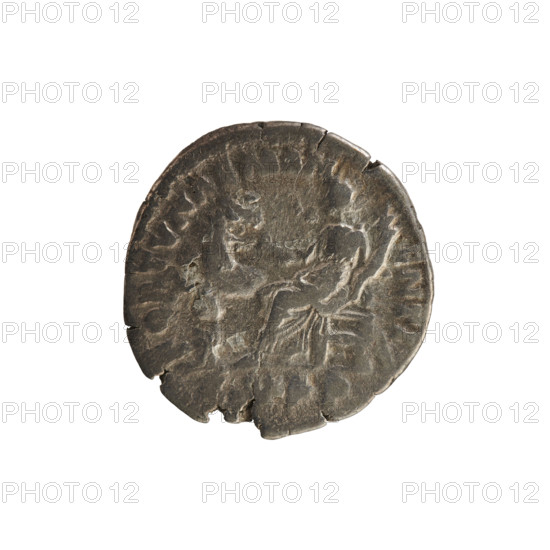Denarius of Commodus (reigned 177–192 CE), Roman Empire, dated 186–189 CE. Silver coin (weight 2.63 g). Obverse: Emperor's bust right, wearing a laurel wreath; inscription 'M COMM ANT P   FEL AVG BRIT'; pearl border. Reverse: Fortuna seated left, holding a horse's bridle in her right hand and a cornucopia in her left; inscription 'FORTVNAE MAN   ENTI' with CV PP line beneath; pearl border. Iconography: imperial bust, Fortuna (personification), horses, cornucopia.
