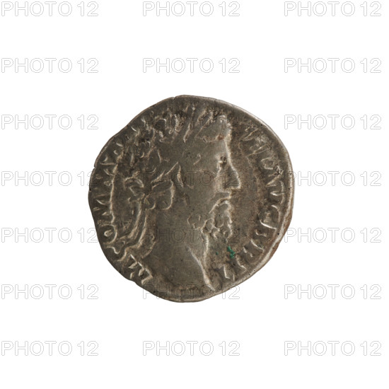 Denarius of Commodus (reigned 177–192 AD). Obverse: laureate imperial bust of Commodus right; inscription: M COMM A... FEL AVG BRIT. Reverse: Hercules standing left, holding a patera in his right hand and a club in his left; inscription: M TR P XIII IM P VIII COS V P P. Roman Empire, 187–188 AD. Silver coin (denarius), weight 2.91 g, axis 180°.