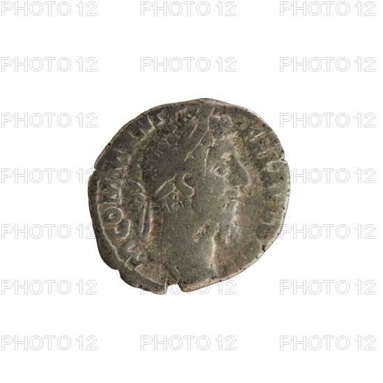 Denarius of Commodus (reign 177–192 CE). Obverse: Emperor's head right, with laurel wreath; legends include 'AW.M COMM A' and 'FEL AVG B' (partially legible). Reverse: Aequitas standing left, holding scales in right hand and cornucopia in left; legend reads 'IMP VIII COS VPP' (poorly legible). Hoard find from Golub; dating circa 187–188 CE. Roman Empire (27 BC–476), Rome. Silver coin, weight 2.33 g.