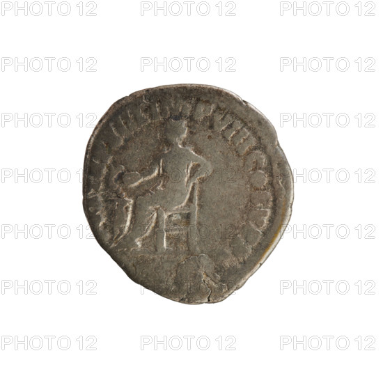 Denarius of Commodus (reigned 177–192). Obverse: laureate bust of the emperor right; legend (partly illegible) M COMM ANT P FEL AVG BRIT. Reverse: Salus seated left, feeding a snake coiled around an altar, left elbow resting on the seat; legend TR P XIII IMP P VIII COS V P P. Roman, Rome, 187–188 CE. Silver coin, weight 2.75 g.
