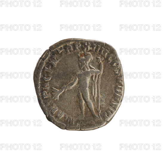 denarius, Commodus (161–192; Roman emperor 177–192). Obverse: Emperor's head right, laurel wreath; pearl border. Inscription: M COMM ANT P FEL AVG BRIT PP. Reverse: Naked Mars wearing a helmet and cloak, facing left, holding a branch in his right hand and a spear in his left; pearl border. Iconography: imperial busts, Mars (mythology), spear (attribute), twig (attribute). Hoard find (Golub). Roman, 189 CE. Coin; weight 3.06 g; axis 135°.