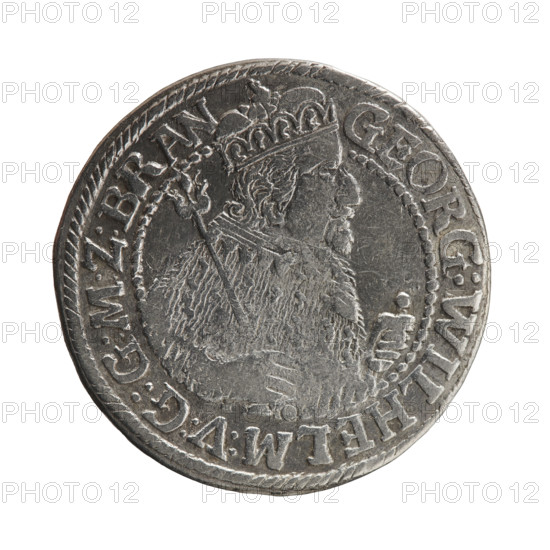 Obv. Bust facing right in mitre and electoral mantle. A sceptre in his right hand, the left resting on a sword hilt. The figure's head divides the inner border. In the rim between the borders is the inscription GEORG:WILHELM:V:G:G:M:Z:BRAN. Rev. Below the ducal mitre is a five-field coat of arms with ornaments. On the sides of the shield are the date numerals 2-3. In the rim between the borders an inscription divided by a mitre D:H:R:R:ERT:C:V:CHVRF:I:P:Z:G:C:B:H. 1623. George William Hohenzollern (Elector of Brandenburg; Duke of Prussia; 1620–1640). Ducal Prussia (1525–1701), Königsberg. Coin: diameter 30.0 mm, weight 6.71 g, axis 0°. Materials: coin (metal). Iconography: coats of arms, male busts in armor. Maker: Pfahler, Ernest.