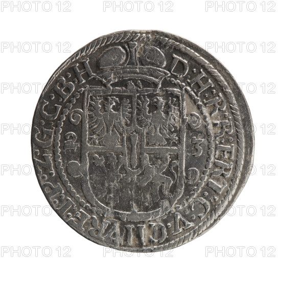 Obv. Bust facing right in mitre and electoral mantle. A sceptre in his right hand, the left resting on a sword hilt. The figure's head divides the inner border. In the rim between the borders is the inscription GEORG:WILHELM:V:G:G:M:Z:BRAN. Rev. Below the ducal mitre is a five-field coat of arms with ornaments. On the sides of the shield are the date numerals 2–3. In the rim between the borders an inscription divided by a mitre D:H:R:R:ERT:C:V:CHVRF:I:P:Z:G:C:B:H. 1623. Ducal Prussia (1525–1701), Königsberg. Coin; diameter 30.0 mm; weight 6.71 g; axis 0°. Subject: George William Hohenzollern (Elector of Brandenburg; Duke of Prussia; 1620–1640). Iconography: coats of arms, male busts in armor. Maker: Pfahler, Ernest. Materials/style: coin.