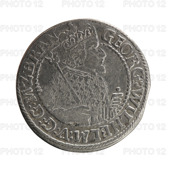 Obv. Male bust facing right in mitre and electoral mantle, holding a sceptre in his right hand and resting his left on a sword hilt; the head divides the inner border. Rim between borders inscription: GEORG:WILHELM:V:G:G:MZBRAN. Rev. Below the ducal mitre a five-field coat of arms with ornaments; date numerals 2-3 on the sides of the shield. Rim between borders inscription divided by a mitre: D:H:R:R:ERT:C:V:CHVRF:I:P:Z:G:C:B:H:. 1623. George William Hohenzollern (Elector of Brandenburg; Duke of Prussia; 1620–1640). Ducal Prussia (1525–1701), Königsberg. Coin: diameter 30.0 mm, weight 6.84 g, axis 0°.