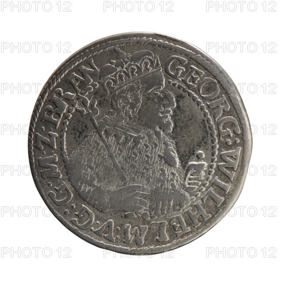Obv. Bust facing right in mitre and electoral mantle. A sceptre in his right hand, the left resting on a sword hilt. The figure's head divides the inner border. In the rim between the borders is the inscription GEORG:WILHELM:V:G:G:M:Z:BRAN. Rev. Below the ducal mitre is a five-field coat of arms with ornaments. On the sides of the shield are the date numerals 2-3. In the rim between the borders an inscription divided by a mitre D:H:R:R:ERT:C:V:CHVRF:I:P:Z:G:C:B:H. 1623. George William Hohenzollern (Elector of Brandenburg; Duke of Prussia; 1620–1640). Ducal Prussia (1525–1701), Königsberg. Coin: diameter 30.0 mm, weight 6.36 g, axis 0°.