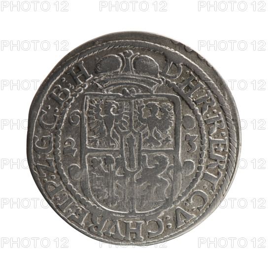 Pfahler, Ernest. Obv. Bust facing right in mitre and electoral mantle; a sceptre in his right hand, left resting on a sword hilt; the figure's head divides the inner border. In the rim between the borders: inscription GEORG:WILHELM:V:G:G:M:Z:BRAN. Rev. Below the ducal mitre a five-field coat of arms with ornaments; on the sides of the shield the date numerals 2-3. In the rim between the borders an inscription divided by a mitre: D:H:R:R:ERT:C:V:CHVRF:I:P:Z:G:C:B:H. 1623. Ducal Prussia (1525–1701), Königsberg. Coin; diameter 30.0 mm; weight 6.36 g; axis 0°.