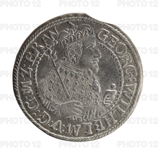 Obv. Bust facing right in mitre and electoral mantle. A sceptre in his right hand, the left resting on a sword hilt. The figure's head divides the inner border. In the rim between the borders the inscription GEORG:WILHELM:V:G:G:M:Z:BRAN. Rev. Below the ducal mitre is a five-field coat of arms with ornaments. On the sides of the shield are the date numerals 2-3. In the rim between the borders an inscription divided by a mitre D:H:R:R:ERT:C:V:CHVRF:I:P:Z:G:C:B:H, 1623. Ducal Prussia (1525–1701), Königsberg. Coin: diameter 36.0 mm, weight 6.84 g, axis 0°.