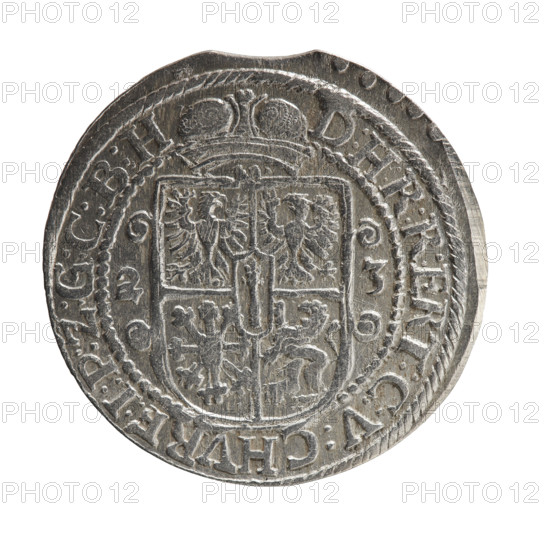 Obv. Bust facing right in mitre and electoral mantle. A sceptre in his right hand, the left resting on a sword hilt. The figure's head divides the inner border. In the rim between the borders the inscription GEORG:WILHELM:V:G:G:M:Z:BRAN. Rev. Below the ducal mitre is a five-field coat of arms with ornaments. On the sides of the shield are the date numerals 2-3. In the rim between the borders an inscription divided by a mitre D:H:R:R:ERT:C:V:CHVRF:I:P:Z:G:C:B:H. 1623. George William Hohenzollern (Elector of Brandenburg; Duke of Prussia; 1620–1640). Ducal Prussia (1525–1701), Königsberg. Coin: diameter 36.0 mm, weight 6.84 g, axis 0°.